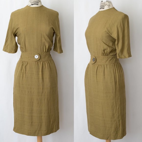 1950s Olive Green Sheath Dress In Linen w/ Pockets - Picture 1 of 10